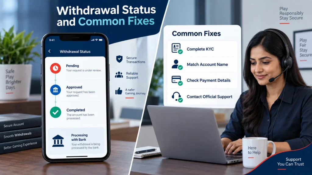 Khelo24Bet withdrawal pending status guide showing KYC payment detail checks and customer support steps

