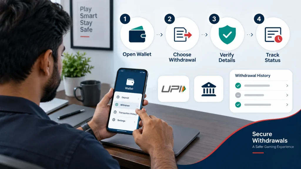 Khelo24Bet withdrawal process showing wallet access payment method verification and withdrawal status tracking